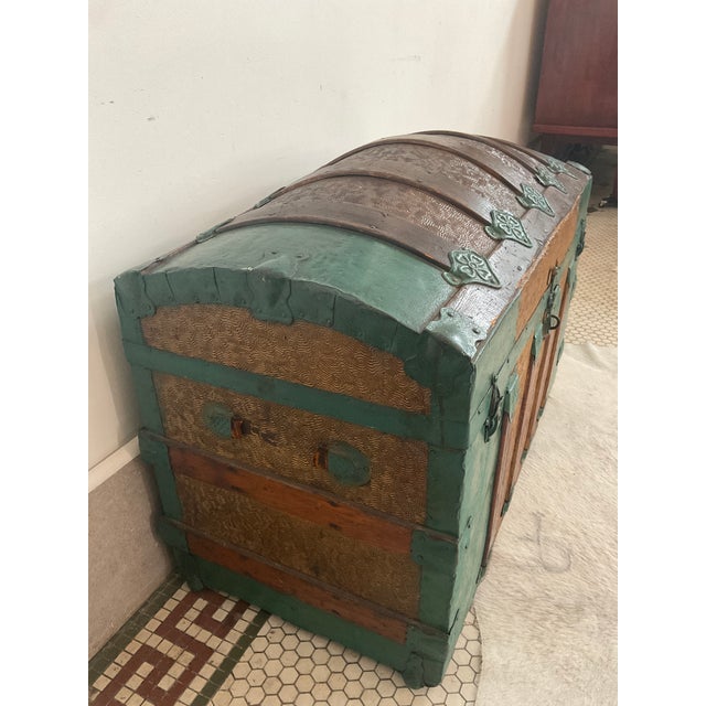 Large Antique Victorian Oak Banded Dome Top Steamer Trunk Chest, Maier For Sale - Image 10 of 16