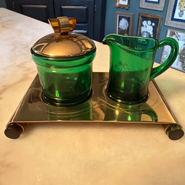 Art Deco Vintage Paden City Emerald Glow Sugar, Creamer & Metal Tray - Star Cut Pattern For Sale - Image 3 of 11