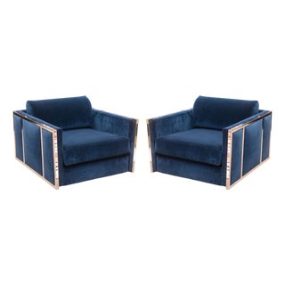 Pair of Milo Baughman Blue Velvet and Flat Bar Chrome Cube Club Chairs For Sale