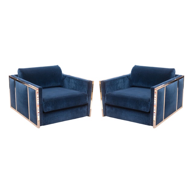 Pair of Milo Baughman Blue Velvet and Flat Bar Chrome Cube Club Chairs For Sale