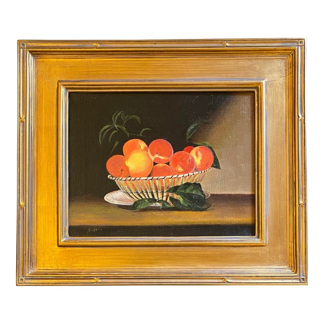 Contemporary Still Life Oil Painting of Peaches in an Open Fretwork Basket by Satori Gregorakis. For Sale