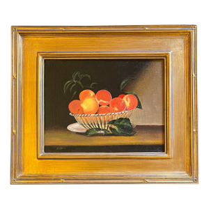 Contemporary Still Life Oil Painting of Peaches in an Open Fretwork Basket by Satori Gregorakis.