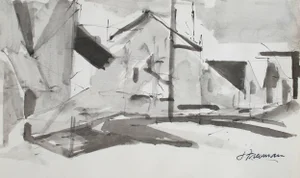 Jack Freeman Monochromatic Bay Area Cityscape in Ink, 1976