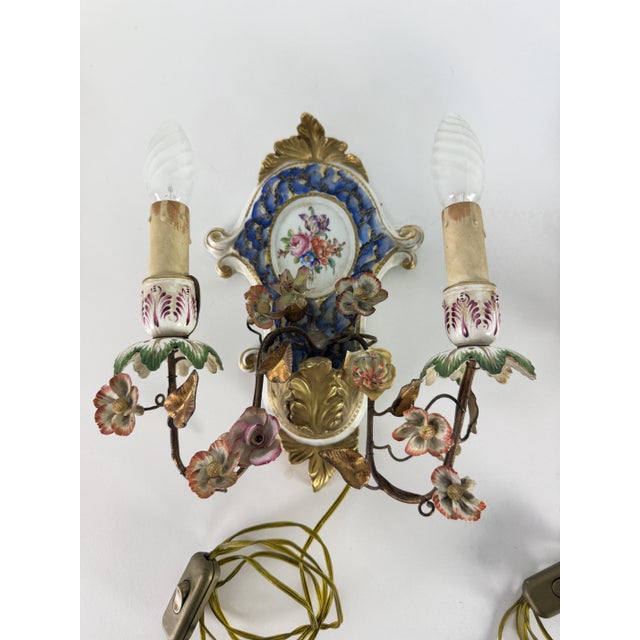 1940s Two-Light Wall Lamps in Wrought Iron and Decorated Porcelain, 1940s, Set of 2 For Sale - Image 5 of 14