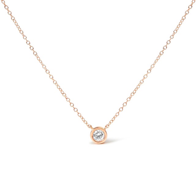 10K Rose Gold 1/2 Carat Round Brilliant-Cut Diamond Modern Bezel-Set Solitaire 16"-18" Pendant Necklace (H-I Color, SI2-I1 Clarity) For Sale