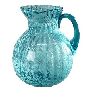 Late 20th Century Art Deco Aqua & Opalescent Splatterware Art Glass Juice Pitcher With Ruffled Rim 20thC For Sale