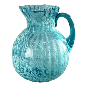 Late 20th Century Art Deco Aqua & Opalescent Splatterware Art Glass Juice Pitcher With Ruffled Rim 20thC