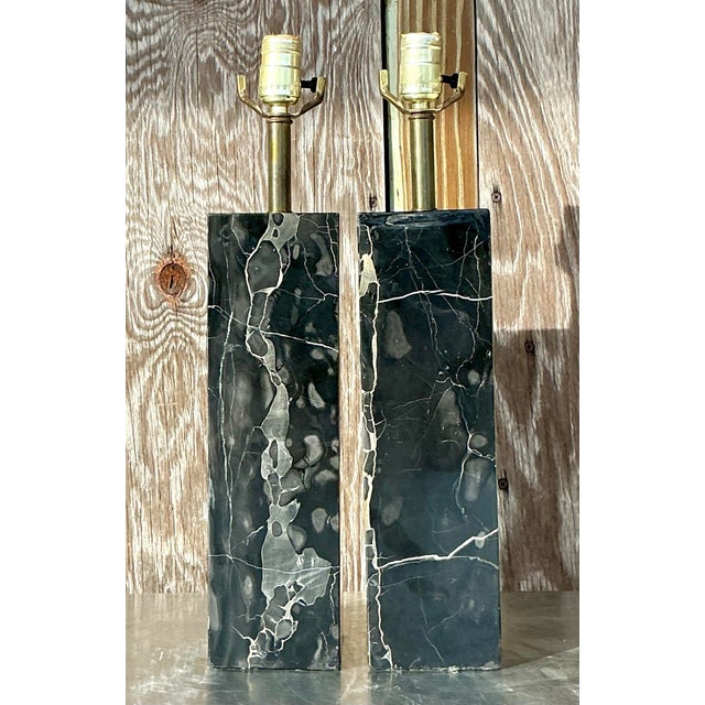 Vintage Boho Solid Black Marble Lamps - a Pair For Sale - Image 4 of 8