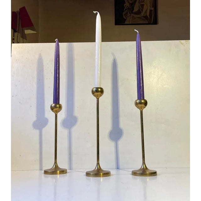 Mid-Century Modern Scandinavian Modern Tulip Candlesticks in Brass, 1960s, Set of 3 For Sale - Image 3 of 9