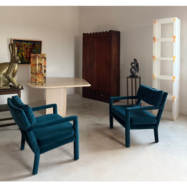 Pair Re-Upholstered Emerald Green Velvet Parsons Lounge Chairs Milo Baughman For Sale - Image 6 of 18