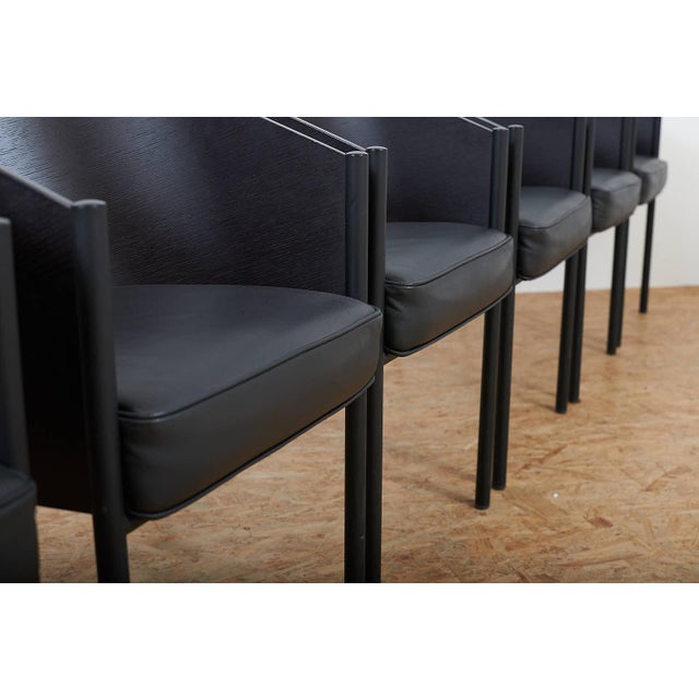 Costes Chair Set in Black Lacquered Tubular Steel Frame, Molded Plywood Seat and Leather by Philippe Starck, 1984, Set of 6 For Sale - Image 5 of 17