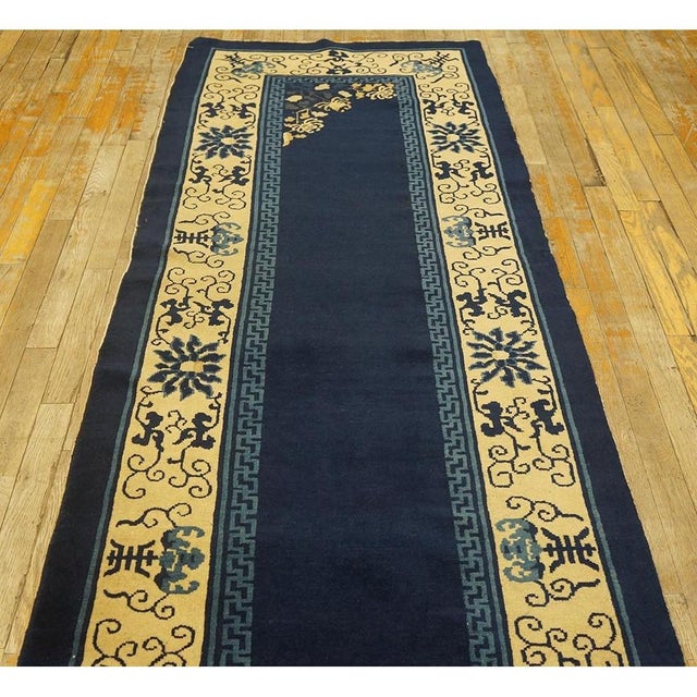 Chinese Navy Blue Classic Greek Key Antique Peking Chinese Knotted Hallway Runner Rug For Sale - Image 3 of 10