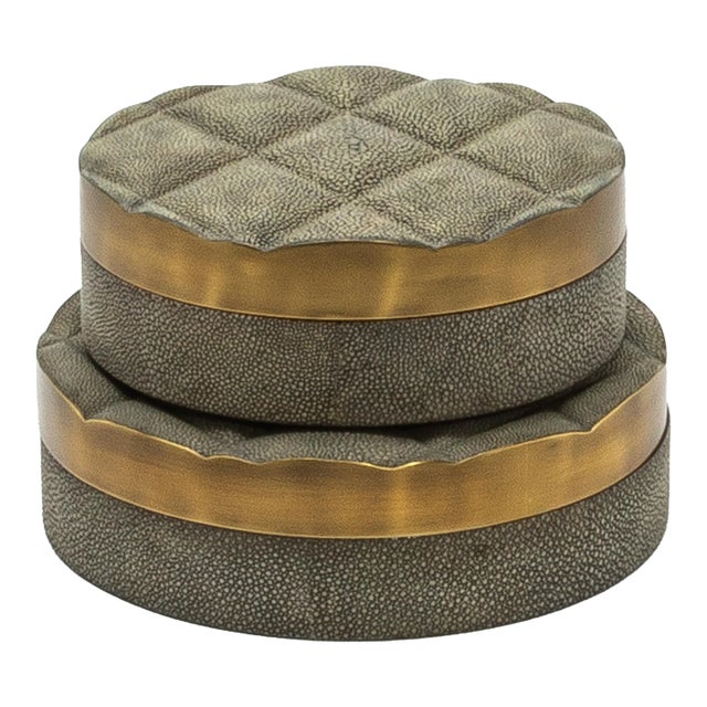 Set of 2 Quilted Boxes in Grey Shagreen With Bronze Patina Brass by Kifu Paris For Sale