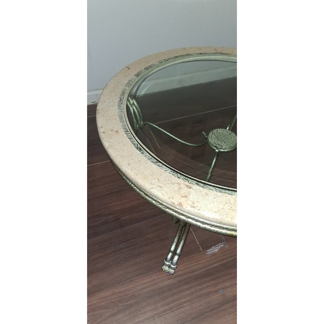 Early 21st Century Maitland Smith Style Round Stone & Beveled Glass Coffee Table W/Burnished Silver Legs For Sale - Image 5 of 11