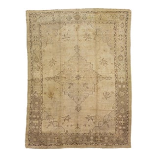 1960s Vintage Medallion Motif Turkish Oushak Wool Rug Handmade in Beige For Sale