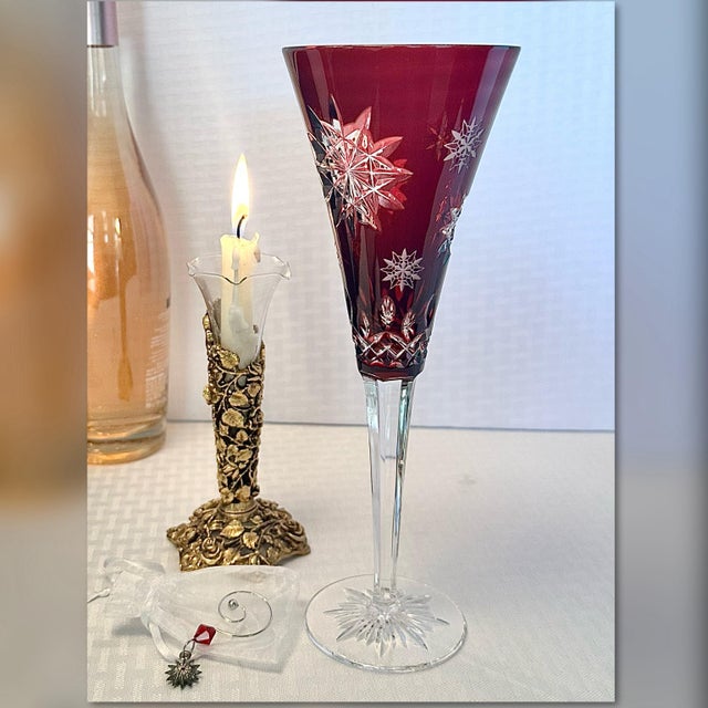 Vintage Joy Ruby Red Waterford Crystal Snowflake Champagne Flute With Charm & Box For Sale - Image 10 of 10