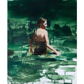 Swimmer Study 2 by Jon Doran | Oil on panel of a figure swimming in green water For Sale