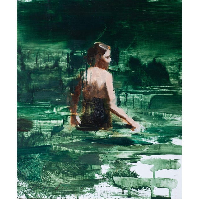 Swimmer Study 2 by Jon Doran | Oil on panel of a figure swimming in green water For Sale