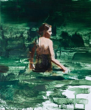 Swimmer Study 2 by Jon Doran | Oil on panel of a figure swimming in green water
