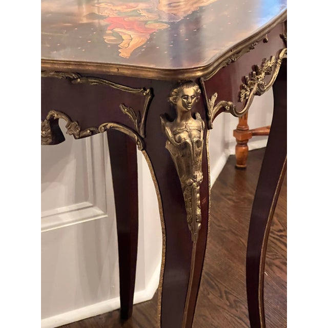 1990s Vintage French Style Painted Figures Brass Ormolu Accents Tall Table For Sale - Image 12 of 12