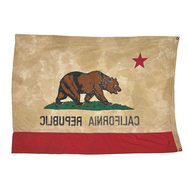 Textile Large Tea-Stained Cotton California Republic State Bear Flag, Vintage Style, New For Sale - Image 7 of 7