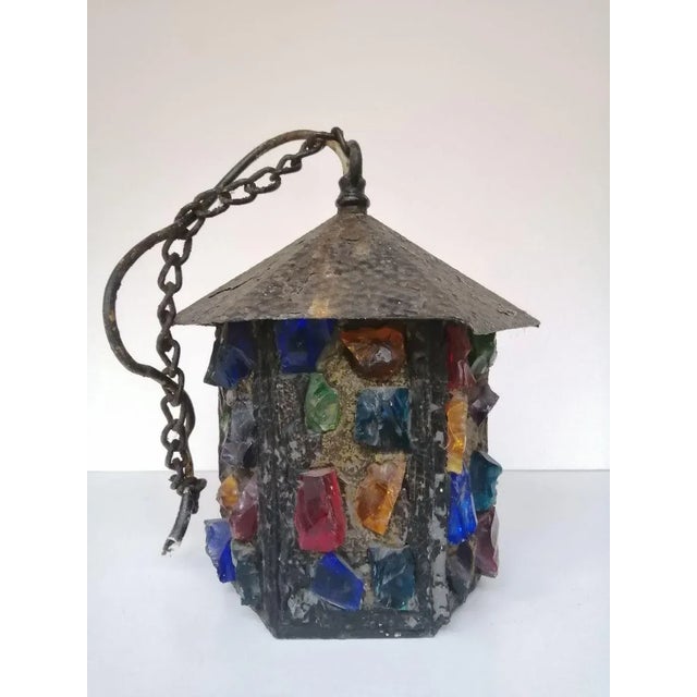 English Arts & Crafts Glass, Lead & Hammered Sheet Metal Porch Lantern by Peter Marsh, 1950s For Sale - Image 4 of 18