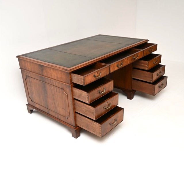 Vintage Georgian Style Pedestal Desk with Leather Top, 1930 For Sale - Image 3 of 11