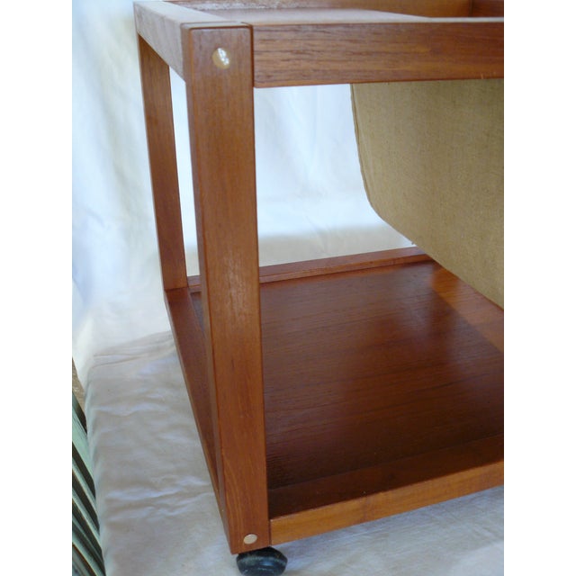 Mid-Century Modern Vintage Teak Rolling End Table With Linen Magazine Sling For Sale - Image 3 of 10