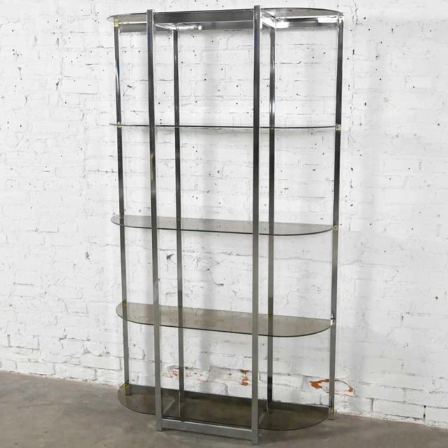 Mid-Century Modern Bow Shape Chrome Etagere 5 Smoked Glass Shelves Style of James David or Dia For Sale - Image 12 of 12