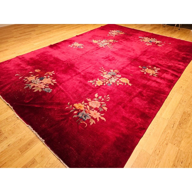 Antique Chinese Art Deco Rug, Hand-Knotted Wool, Crimson Floral Design, 10x14 For Sale - Image 12 of 18