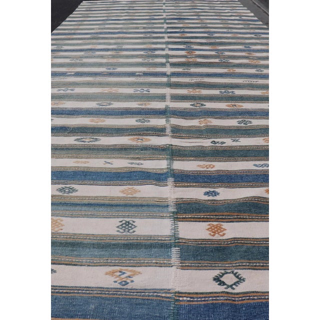 Vintage Turkish Cotton Kilim Rug With Teal, Blue, Cream, and Beige Stripes 4'6"x16'4" For Sale - Image 4 of 10