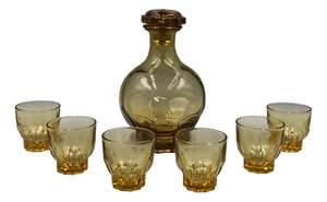 Antique French Amber Pressed Glass Liqueur Set, Set of 7