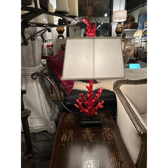 1970s Faux Coral Painted Red Table Lamps -a Pair For Sale - Image 5 of 6