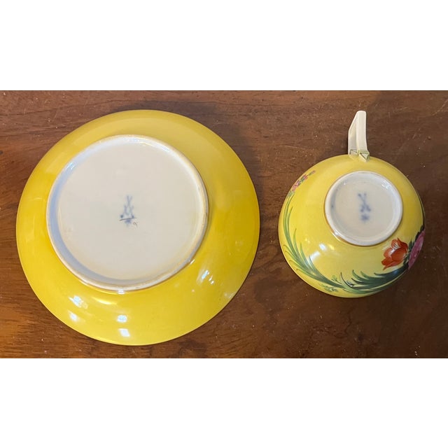 Antique 19th Century Meissen Porcelain Tea Cup and Saucer With Tropical Floral Decoration on a Bright Yellow Ground For Sale - Image 10 of 11