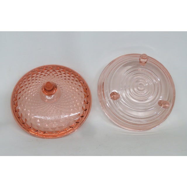 Early 20th Century Pink Depression Glass 3 Footed Candy Dish With Diamond Quilt Pattern Lid 4757b For Sale - Image 5 of 14