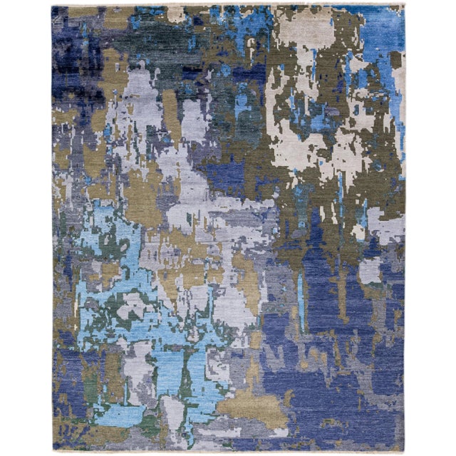 Modern Abstract Indian Handmade Blue Wool and Silk Rug For Sale - Image 11 of 11