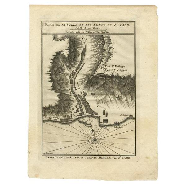 Antique map titled 'Plan de la Ville et des Forts de St. Yago - Grondtekening van de Stad en Forten van St. Iago'. Plan of...