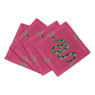 Thistle And Snake Cotton Sateen Cocktail Napkins in Pink, Set of 4 For Sale