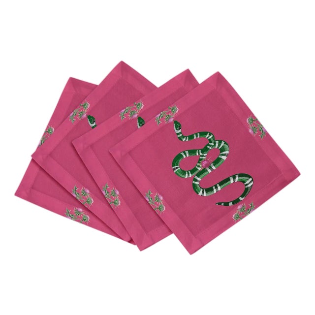 Thistle And Snake Cotton Sateen Cocktail Napkins in Pink, Set of 4 For Sale