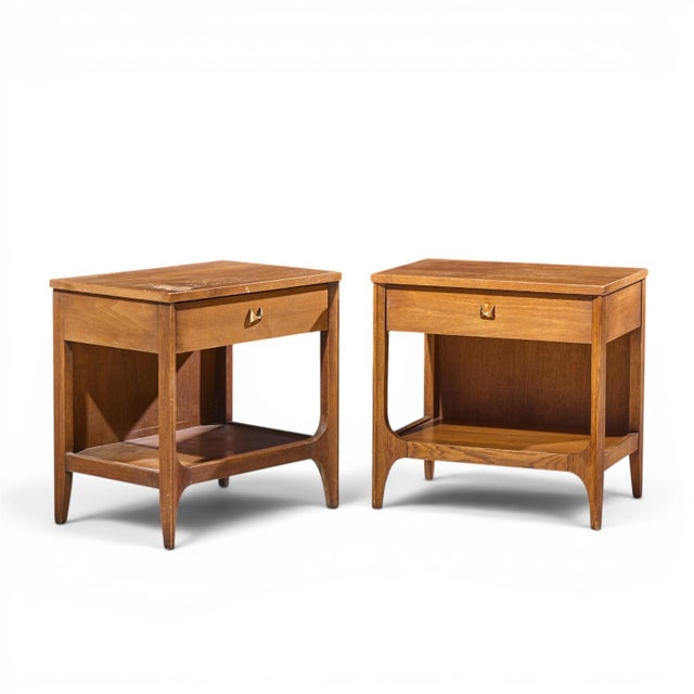 Broyhill Brasilia Mid Century Walnut and Brass Nightstands - Pair Each nightstand measures: 22.25 wide x 15 deep x 22...
