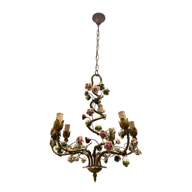 Italian Tole Ceramic Flower Chandelier, 1960s For Sale