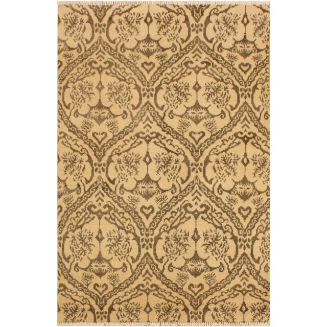 1990s Boho Chic Modern Beige/Brown Wool & Viscous Rug - 4'0 X 5'10 For Sale
