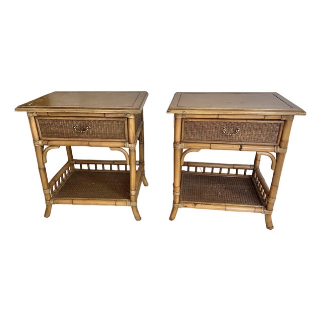 Vintage Bamboo and Wicker Nightstands- Pair For Sale