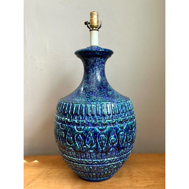 Vintage Mid-Century Modern Blue Glazed Ceramic Lamp For Sale - Image 4 of 12