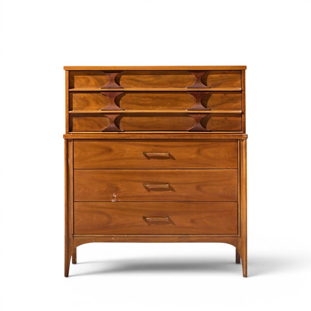 Kent Coffey Perspecta Mid Century Walnut and Rosewood Highboy Dresser This highboy measures: 40 wide x 19 deep x 46 inches...