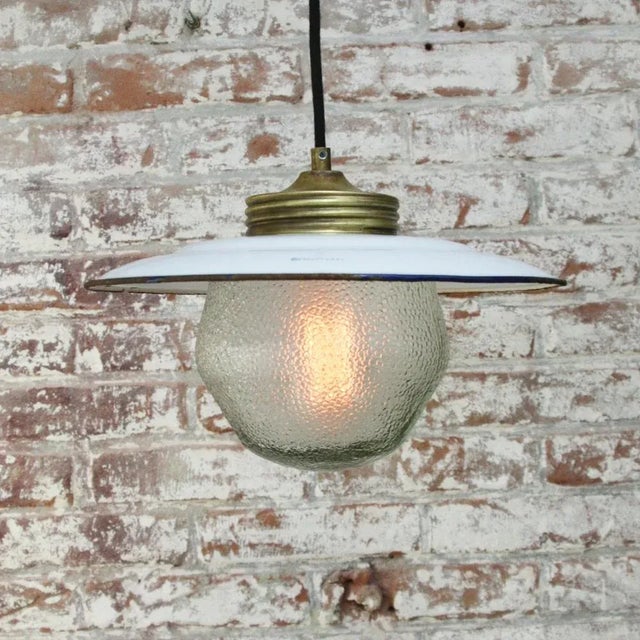 Vintage Brass, White Enamel & Frosted Glass Pendant Lights For Sale - Image 5 of 6