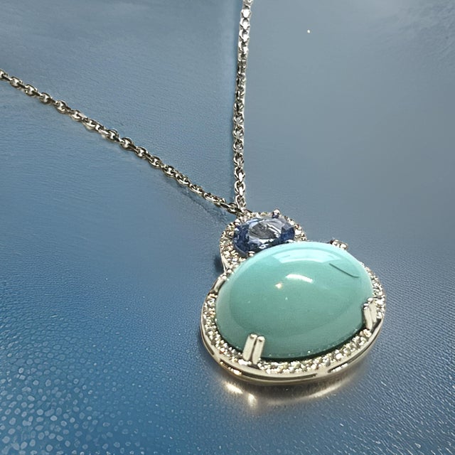 Persian Turquoise Sapphire Diamond Necklace 17" 14k WG 19.03 TCW Certified For Sale - Image 11 of 15
