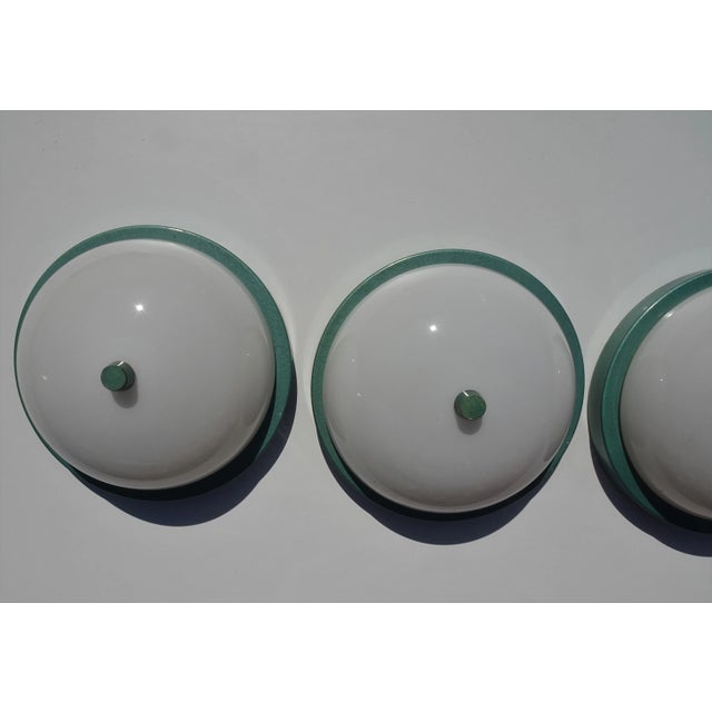 Modern Industrial Metalic Green Lacquered Ceiling Lamp in White Opaline Glass, 1940s For Sale - Image 3 of 12