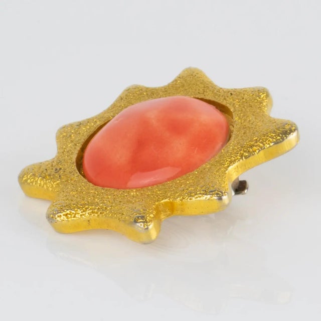 Orange Chantal Thomass Paris Gilded Clip Earrings with Pink Salmon Ceramic Cabochons For Sale - Image 8 of 8