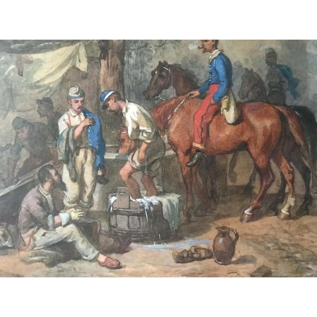 Large Watercolor depicts the daily life of French soldiers belonging to the cavalry. This scene can be dated thanks to the...